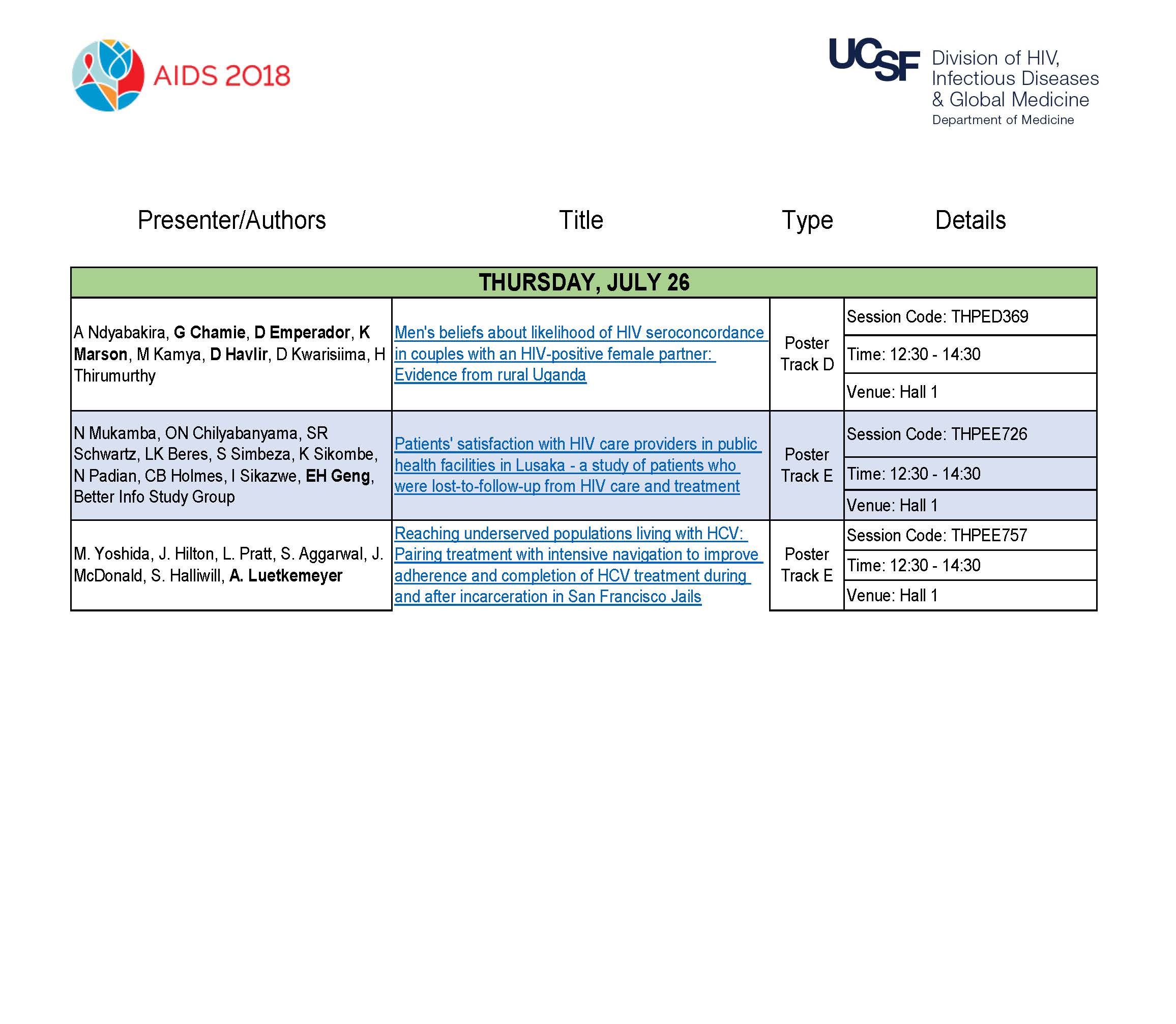 Division presentations at AIDS 2018 for July 26, 2018